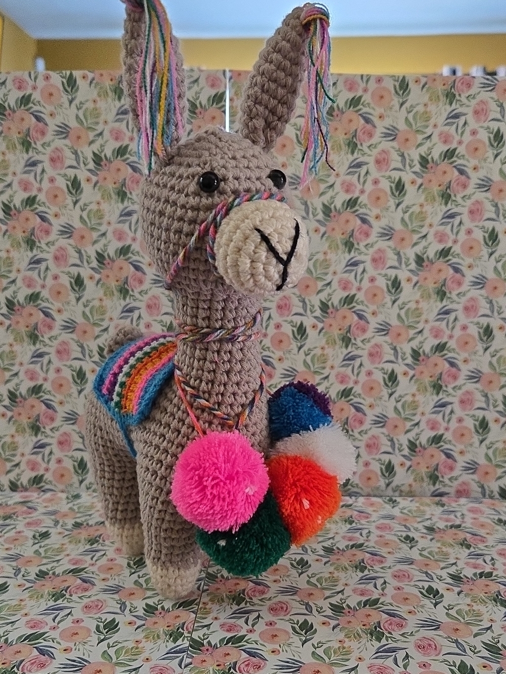 Handmade Crochet Donkey with Colorful Pom-Pom Necklace